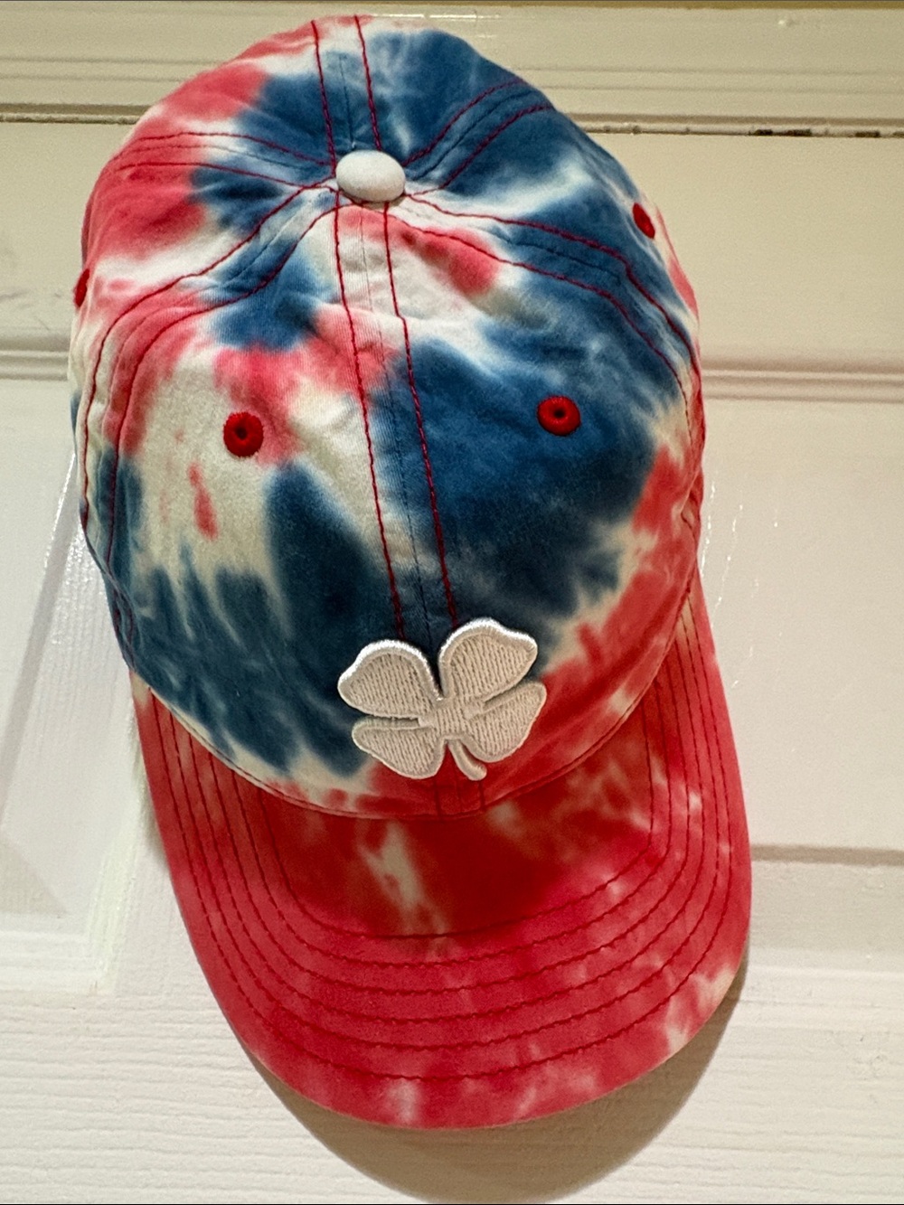 Tie-Dye Red & Blue Baseball Cap with Clover Patch